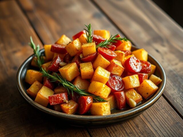 Papas bravas met look, chorizo en rozemarijn