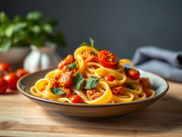 Pappardelle met balletjes en paprikacoulis
