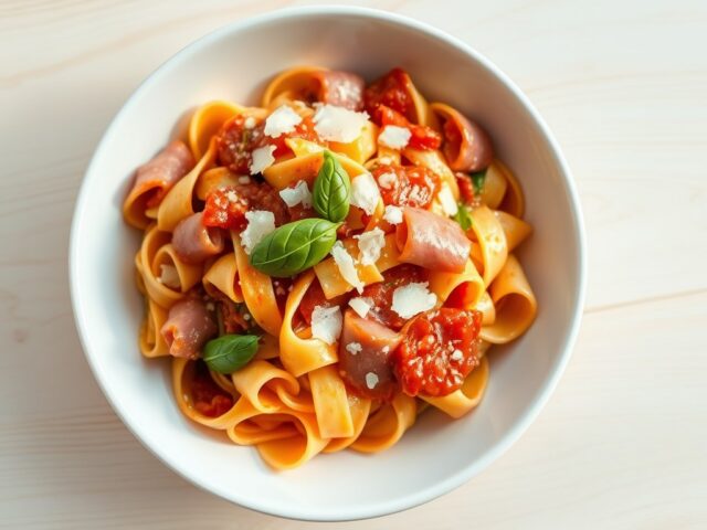 Pappardelle met coppa, tomaat en basilicum, parmezaan