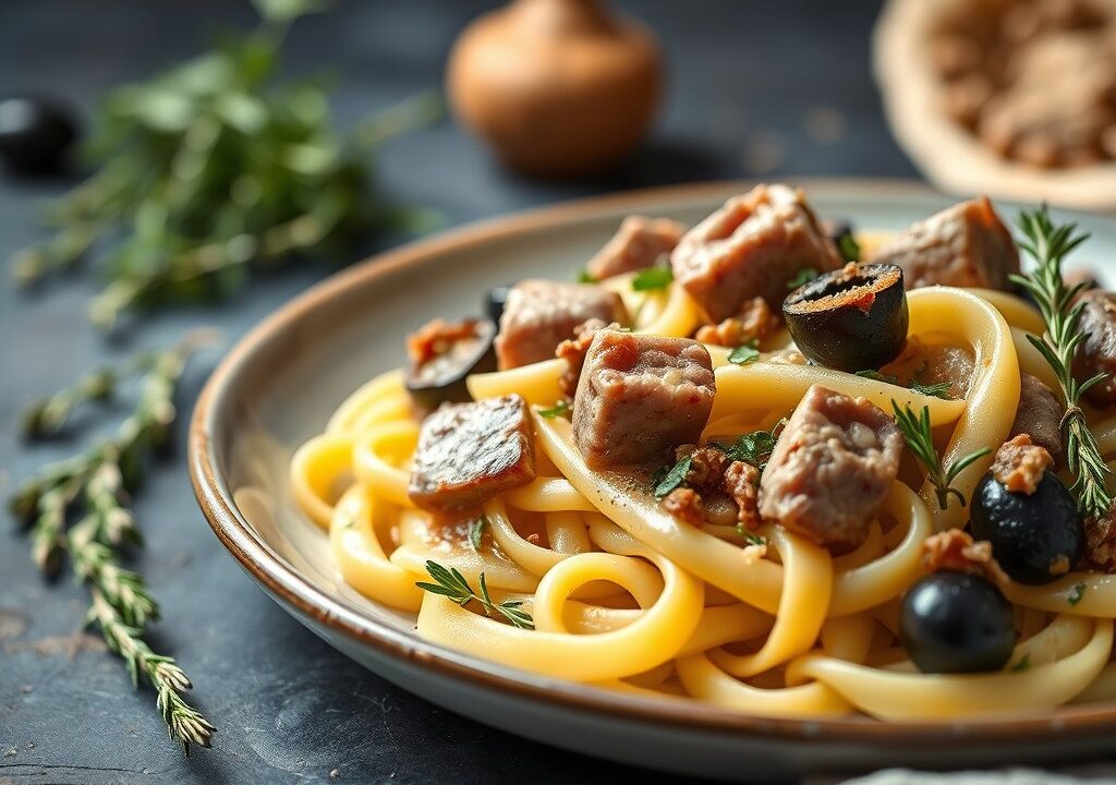 Pappardelle met wild konijn, olijven en marjolein, AI-gegenereerde illustratie
