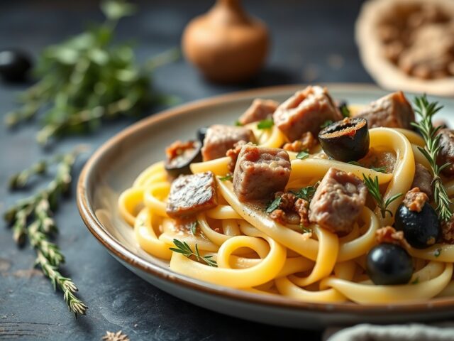 Pappardelle met wild konijn, olijven en marjolein