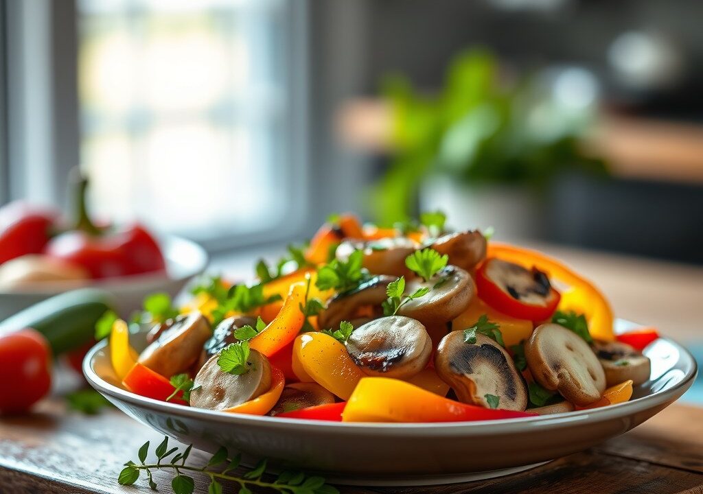 Paprika-champignonssalade uit de oven, AI-gegenereerde illustratie