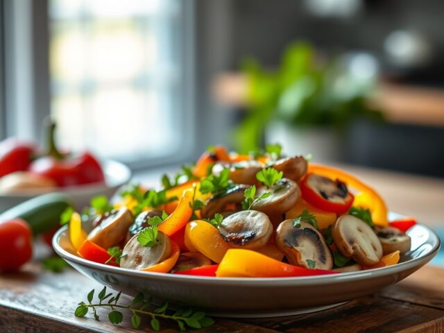 Paprika-champignonssalade uit de oven — AI-gegenereerde illustratie
