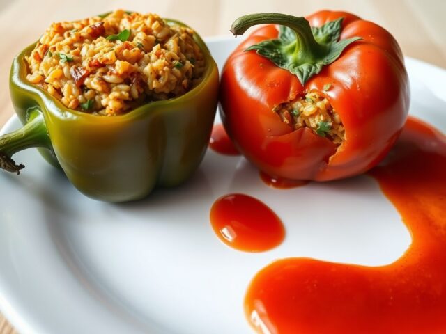 Paprika en tomaat gevuld met Quorn, rijst en tomatencoulis