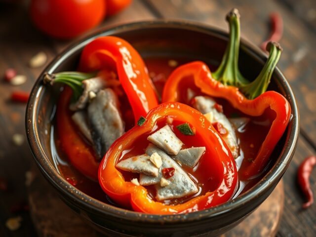 Paprika met haring of makreel flets in tomaten saus