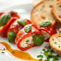 Paprikarolletjes gevuld met geitenkaas, basilicum