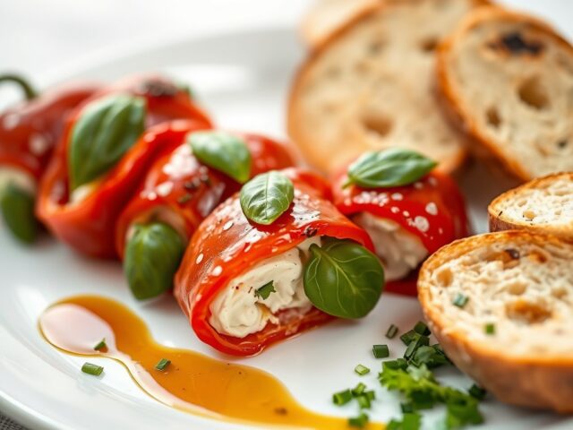 Paprikarolletjes gevuld met geitenkaas, basilicum
