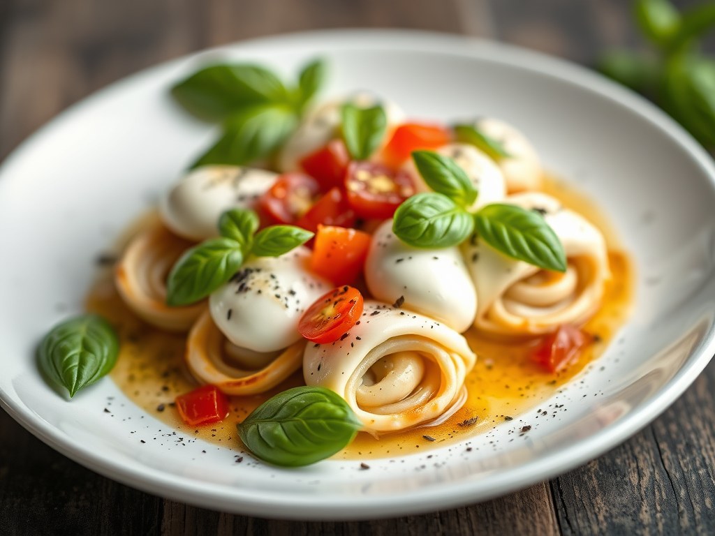 Paprikarolletjes met mozzarella en basilicm, AI-gegenereerde illustratie