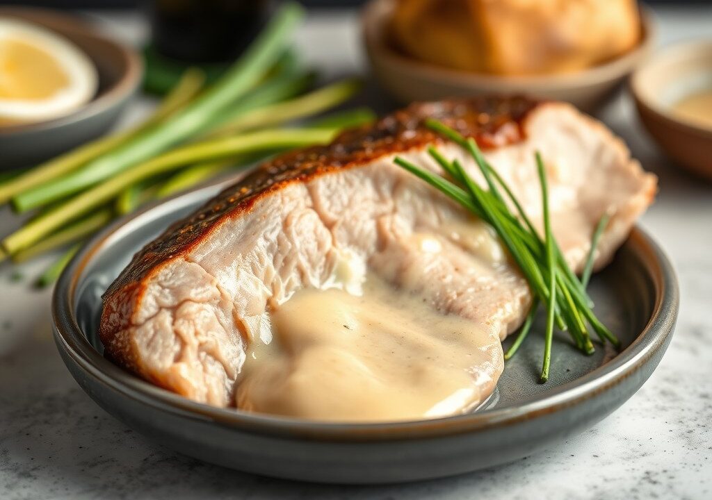 Parelhoenfilet met 2 sauzen, AI-gegenereerde illustratie