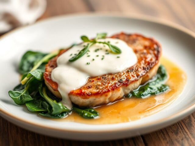 Parelhoenfilet met champignonroomsaus en spinazie