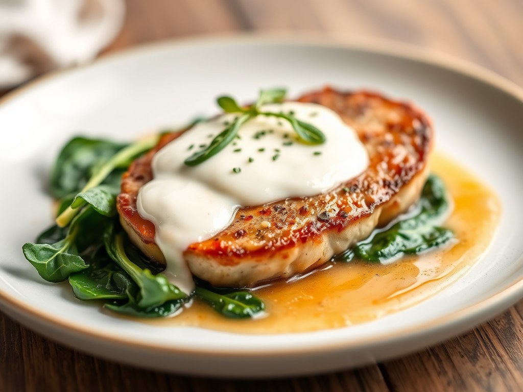 Parelhoenfilet met champignonroomsaus en spinazie, AI-gegenereerde illustratie