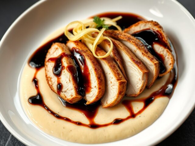 Parelhoenfilet met knolselderijpuree en portbalsamicodressing
