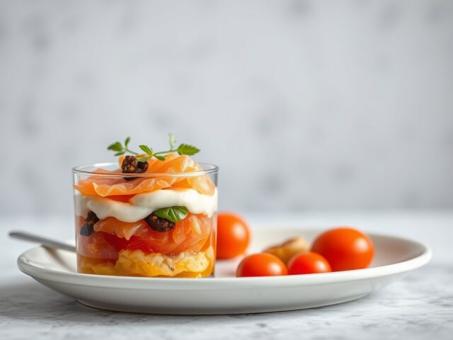 Parfait van gerookte zalm en tomatengelei met komk