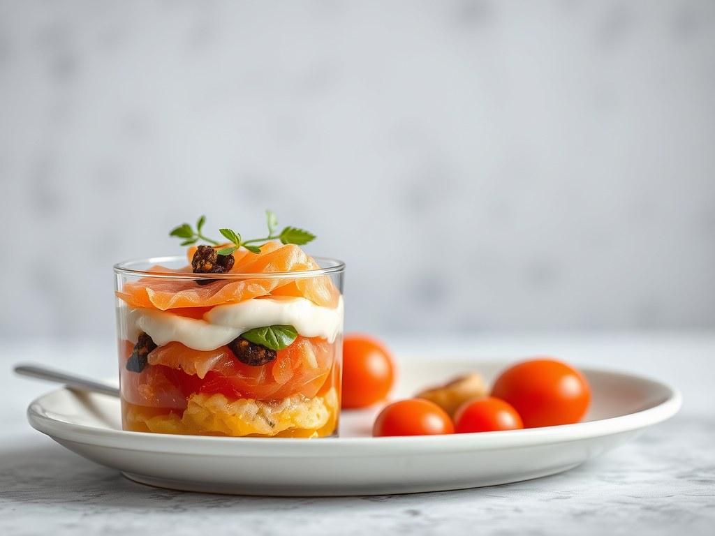 Parfait van gerookte zalm en tomatengelei met komk, AI-gegenereerde illustratie
