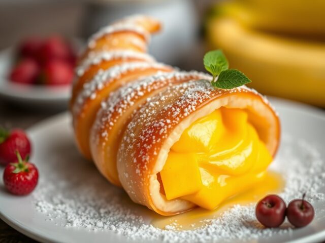 Parijse hoorn met mango-mousse en amareno-kersensa