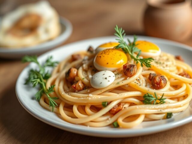 Pasta Carbonara met Artisjokken — AI-gegenereerde illustratie