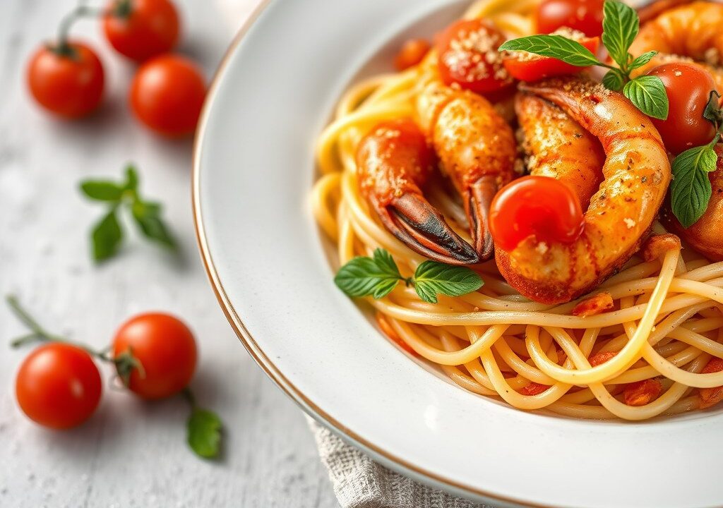 Pasta di Pane met tomaten en gebakken Gamba’s, AI-gegenereerde illustratie