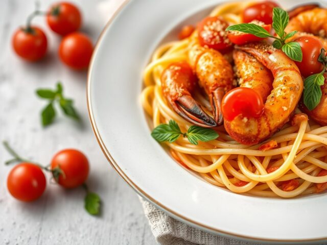 Pasta di Pane met tomaten en gebakken Gamba’s — AI-gegenereerde illustratie