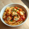 Pasta en kip in tomatensaus