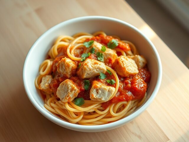 Pasta en kip in tomatensaus