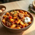 Pasta in groentenstoofschotel met kippenlever