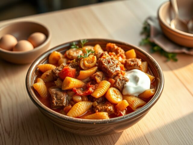 Pasta in groentenstoofschotel met kippenlever