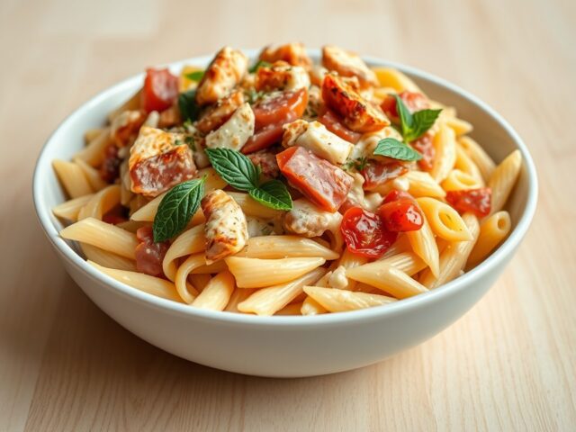 Pasta in kaassaus met mediterrane kip