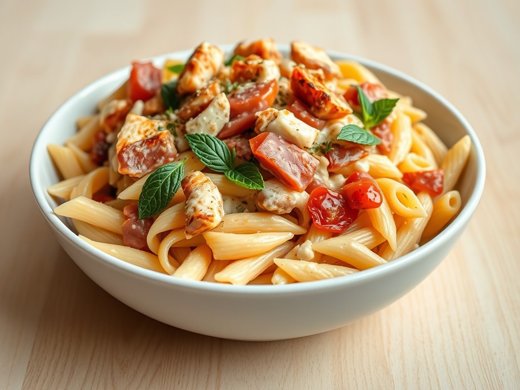 Pasta in kaassaus met mediterrane kip, AI-gegenereerde illustratie