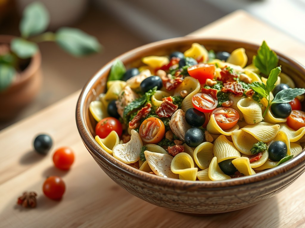 Pasta kip met pesto, AI-gegenereerde illustratie