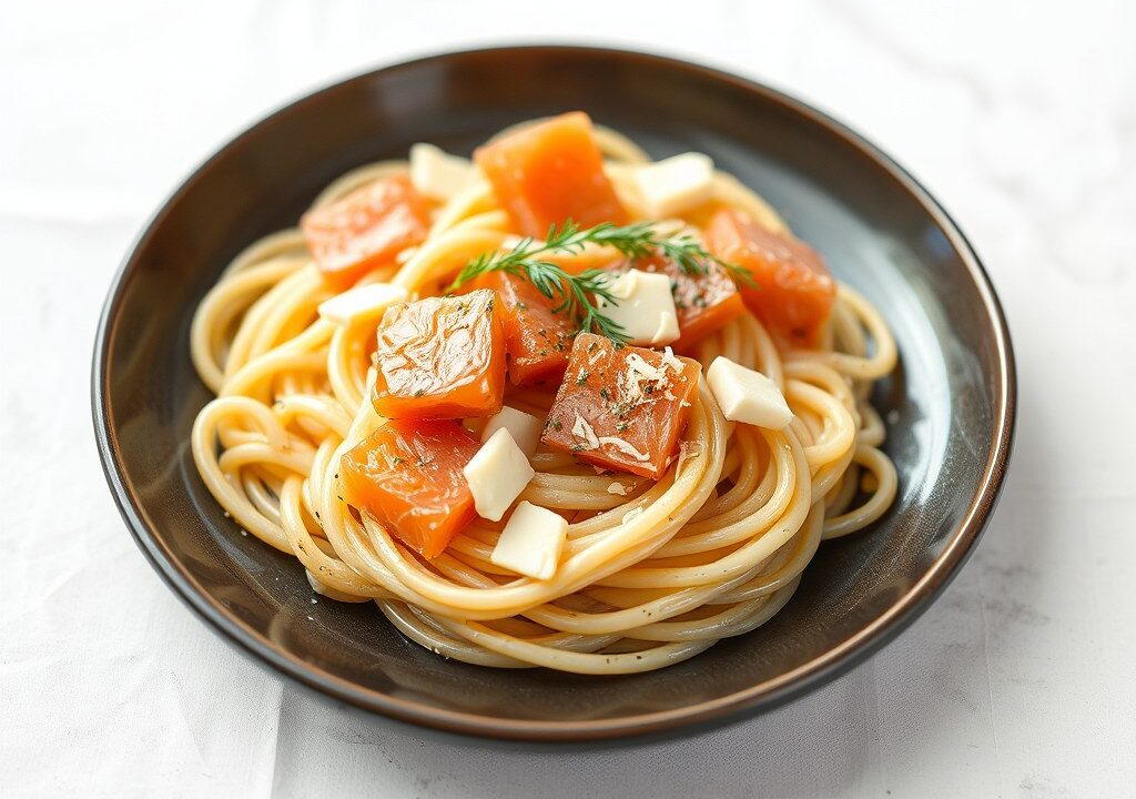 Pasta à la Bert (met peccorino, zalm en soepgroen) — AI-gegenereerde illustratie