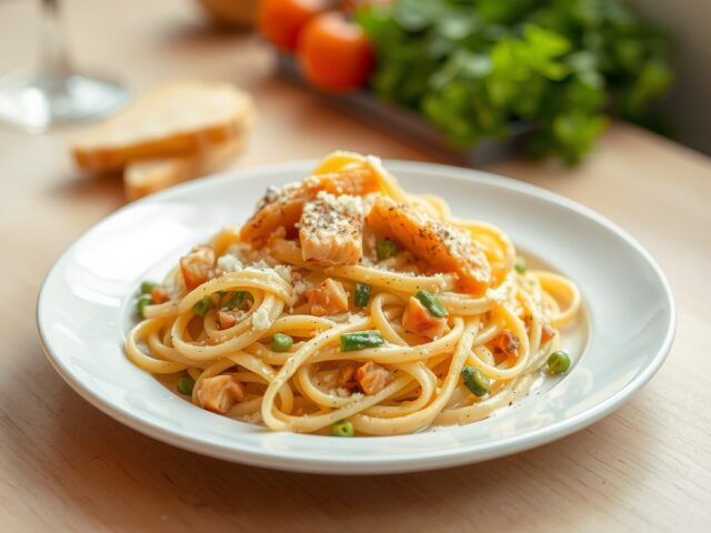 Pasta à la Bert (met peccorino, zalm en soepgroen)