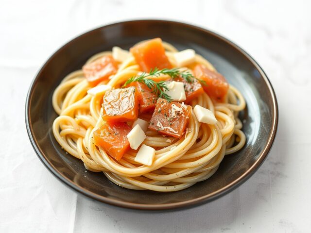 Pasta à la Bert (met peccorino, zalm en soepgroen) — AI-gegenereerde illustratie