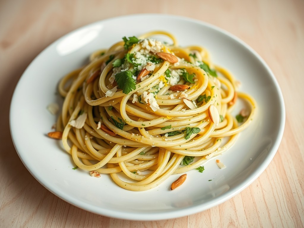 Pasta met Amandelen of Amandelpesto, AI-gegenereerde illustratie