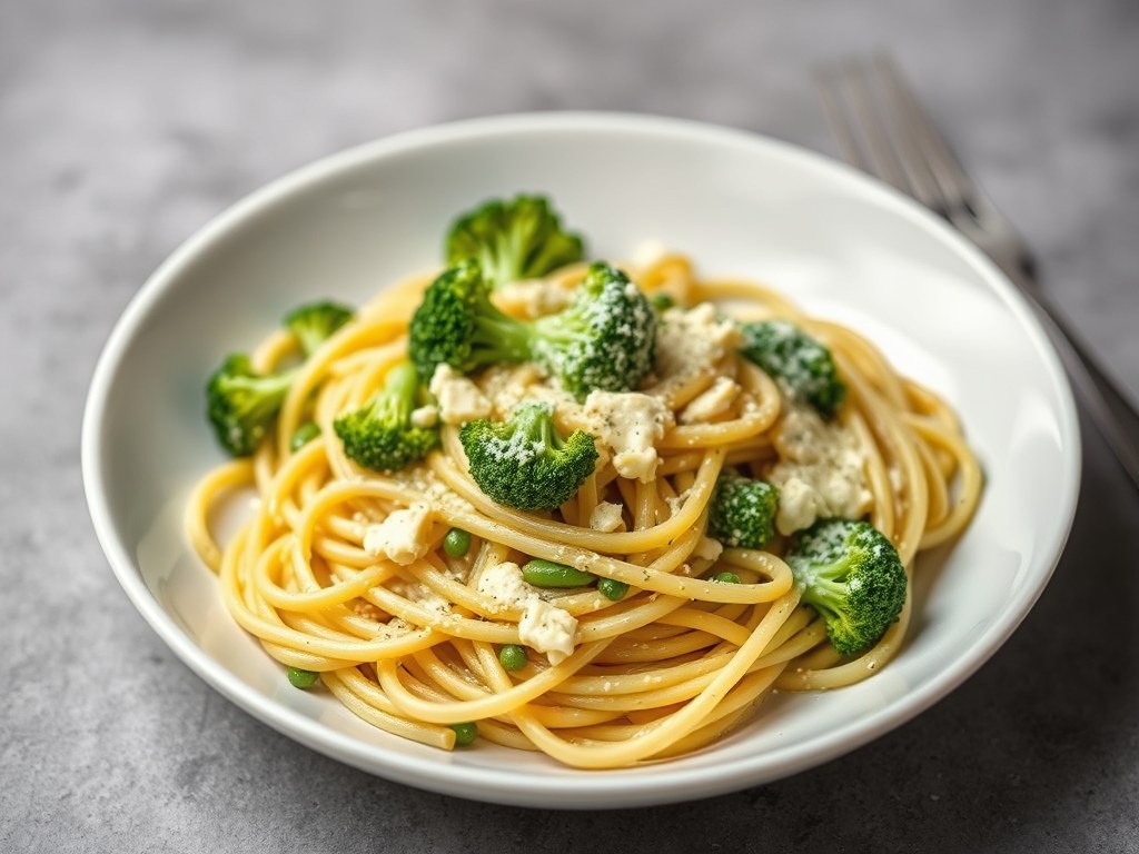 Pasta met broccoli kaassaus, AI-gegenereerde illustratie