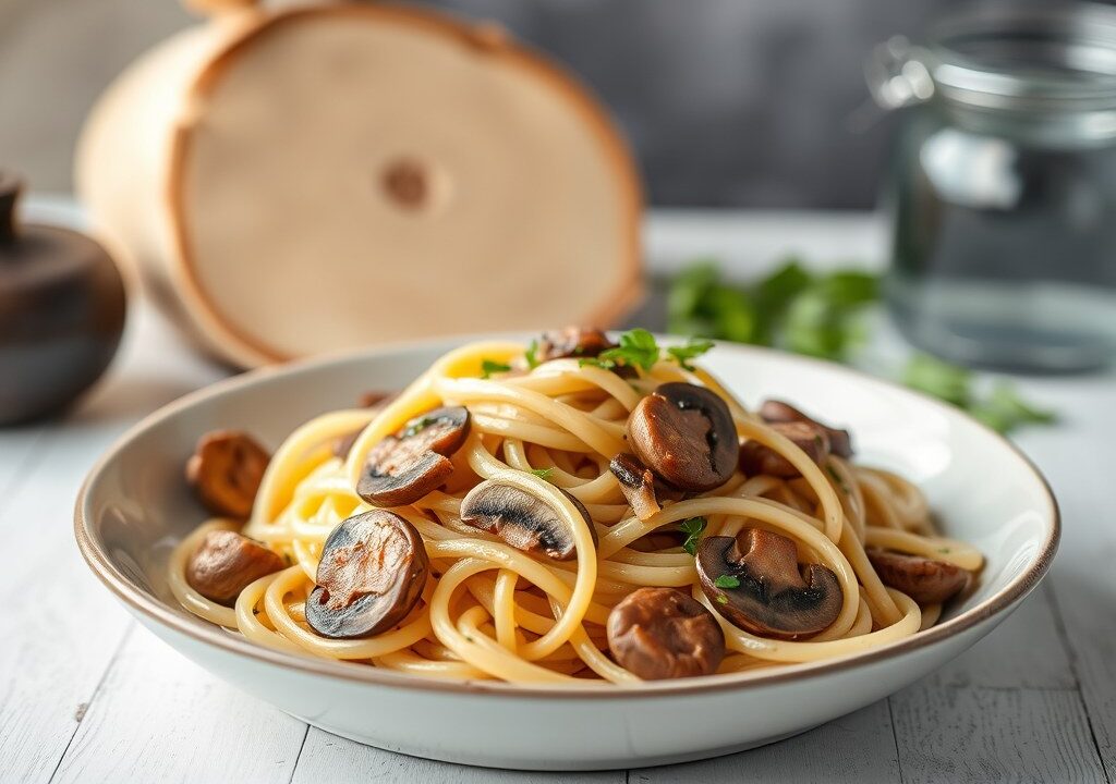 Pasta met champignons, AI-gegenereerde illustratie