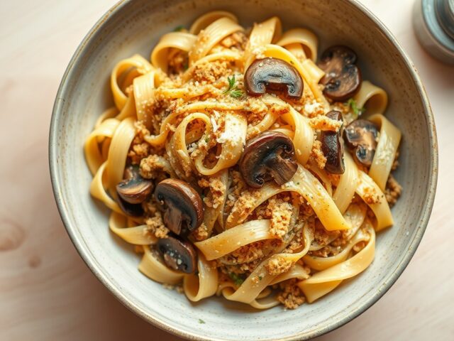 Pasta met champignons en broodkruim