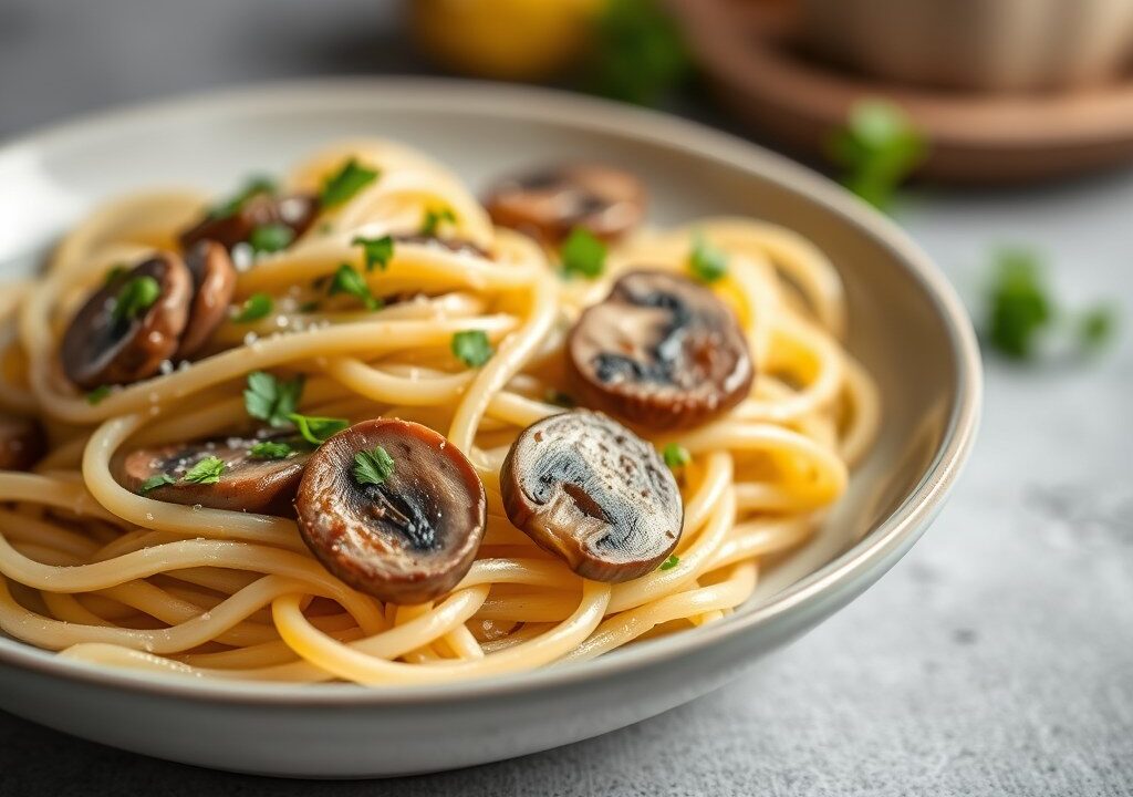 Pasta met champignons en gekruide worstjes, AI-gegenereerde illustratie