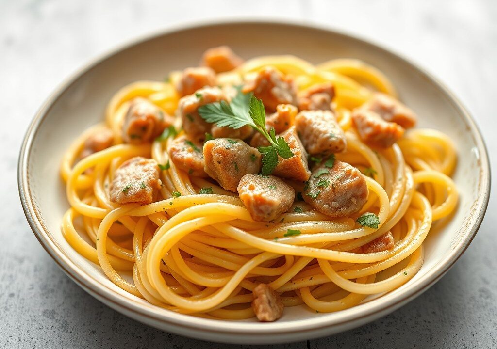 Pasta met citroengras en st-jakobsschelpen, AI-gegenereerde illustratie
