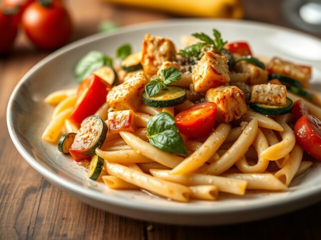 Pasta met courgette en tofu à la Genovese — AI-gegenereerde illustratie