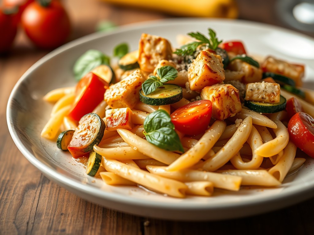 Pasta met courgette en tofu à la Genovese, AI-gegenereerde illustratie