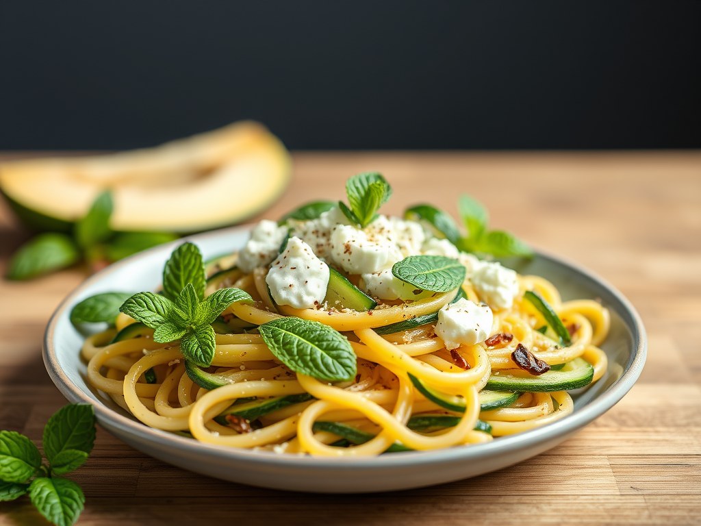 Pasta met courgette, ricotta en munt, AI-gegenereerde illustratie