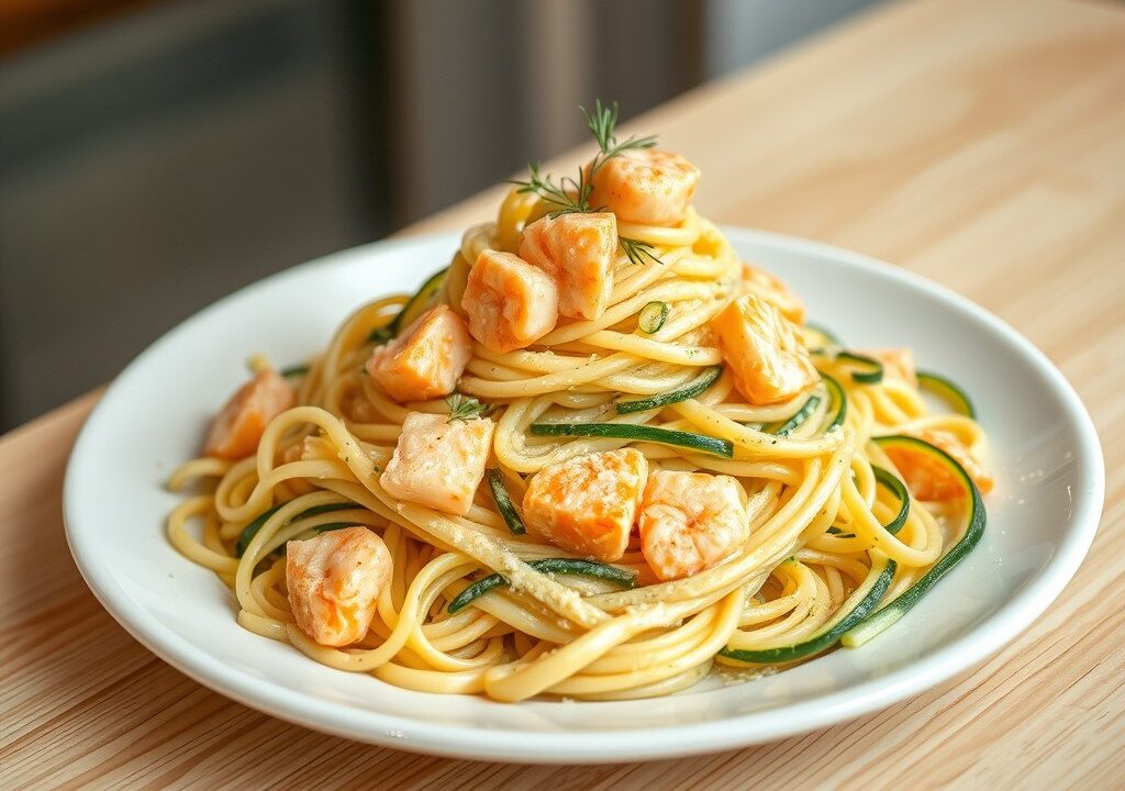 Pasta met courgettes, zalm en garnalen, AI-gegenereerde illustratie