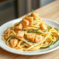 Pasta met courgettes, zalm en garnalen