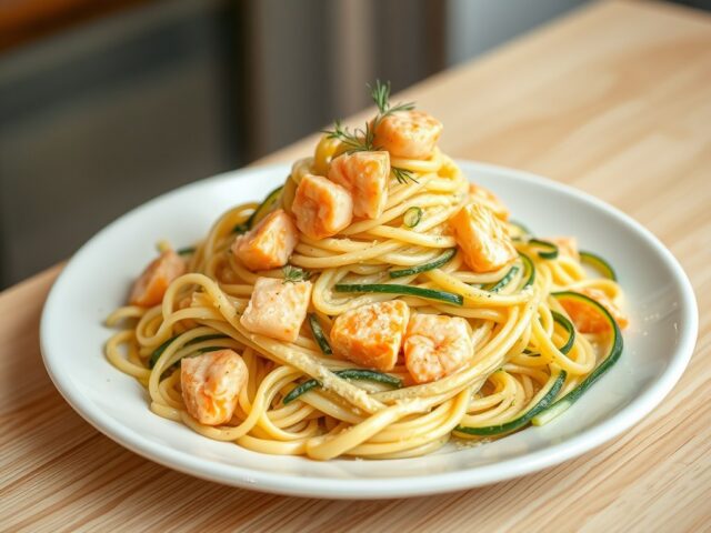Pasta met courgettes, zalm en garnalen