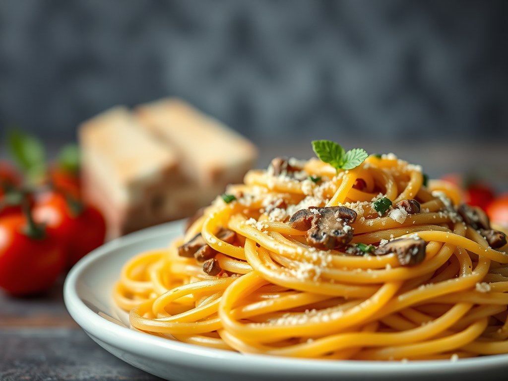 Pasta met eekhoorntjesbrood (Pasta con funghi), AI-gegenereerde illustratie