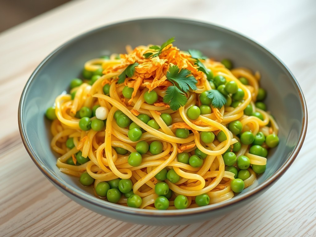 Pasta met erwtjes en krokante gember, AI-gegenereerde illustratie