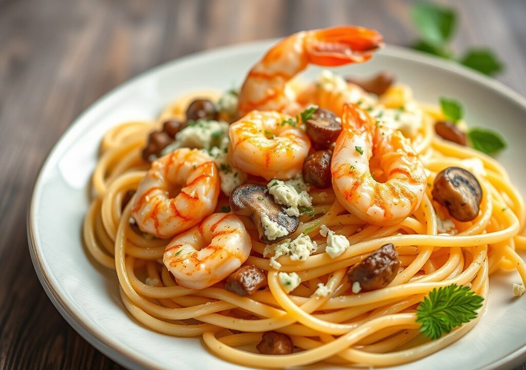 Pasta met garnalen, AI-gegenereerde illustratie