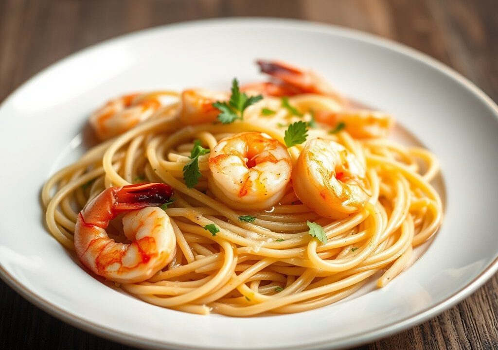 Pasta met garnalen, AI-gegenereerde illustratie