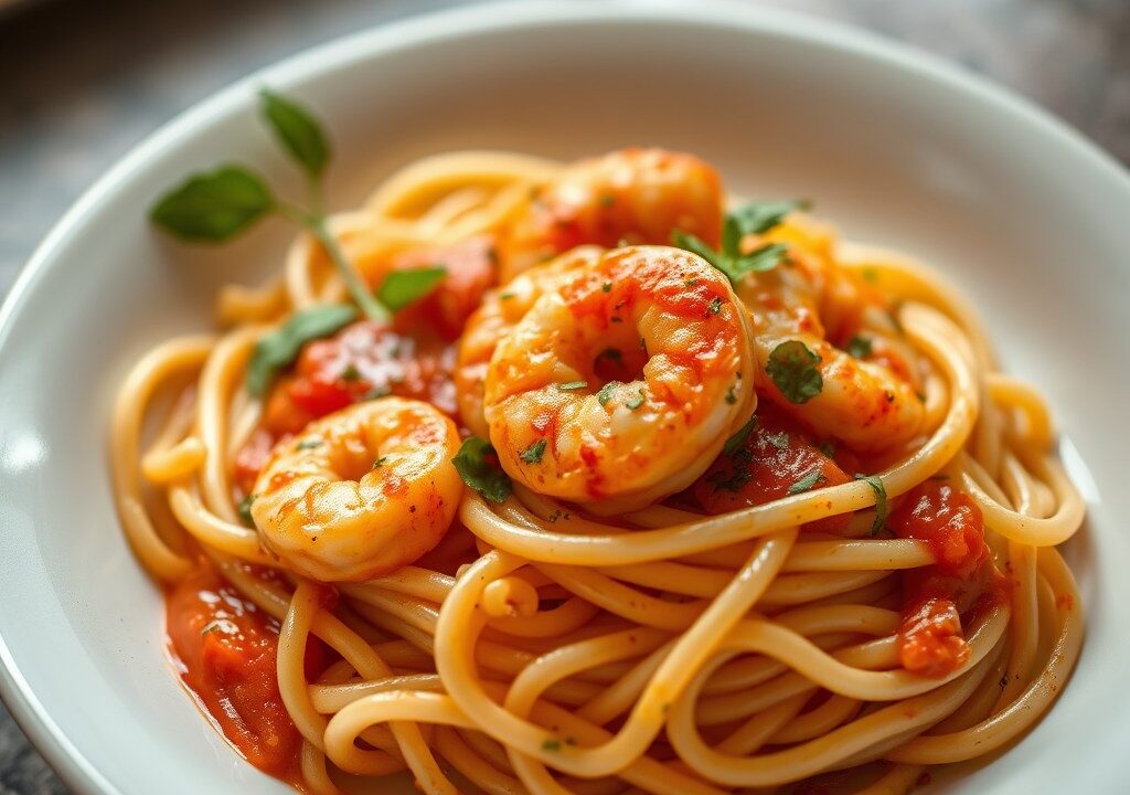 Pasta met Garnalen-Pinda-Saus, AI-gegenereerde illustratie
