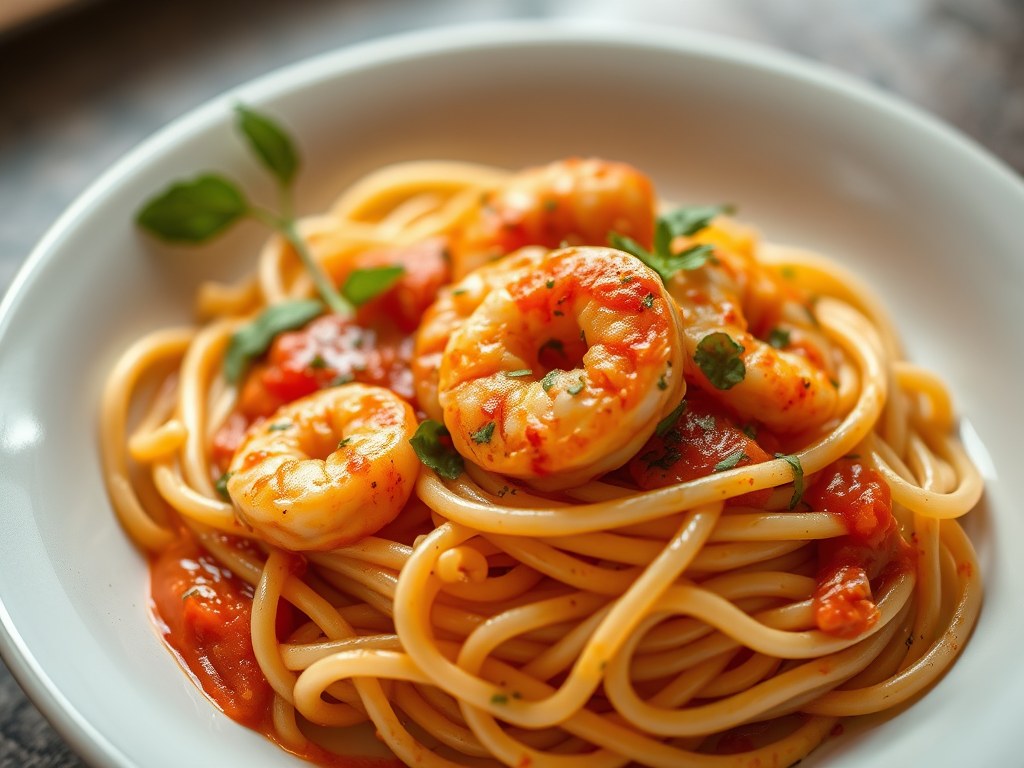 Pasta met Garnalen-Pinda-Saus, AI-gegenereerde illustratie